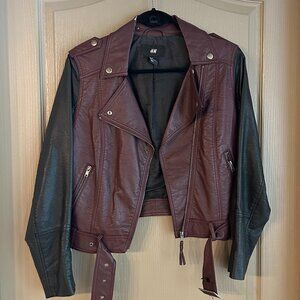 FREE H&M Burgundy & Black Faux Leather Moto Jacket | Size 8 Edgy Streetwear